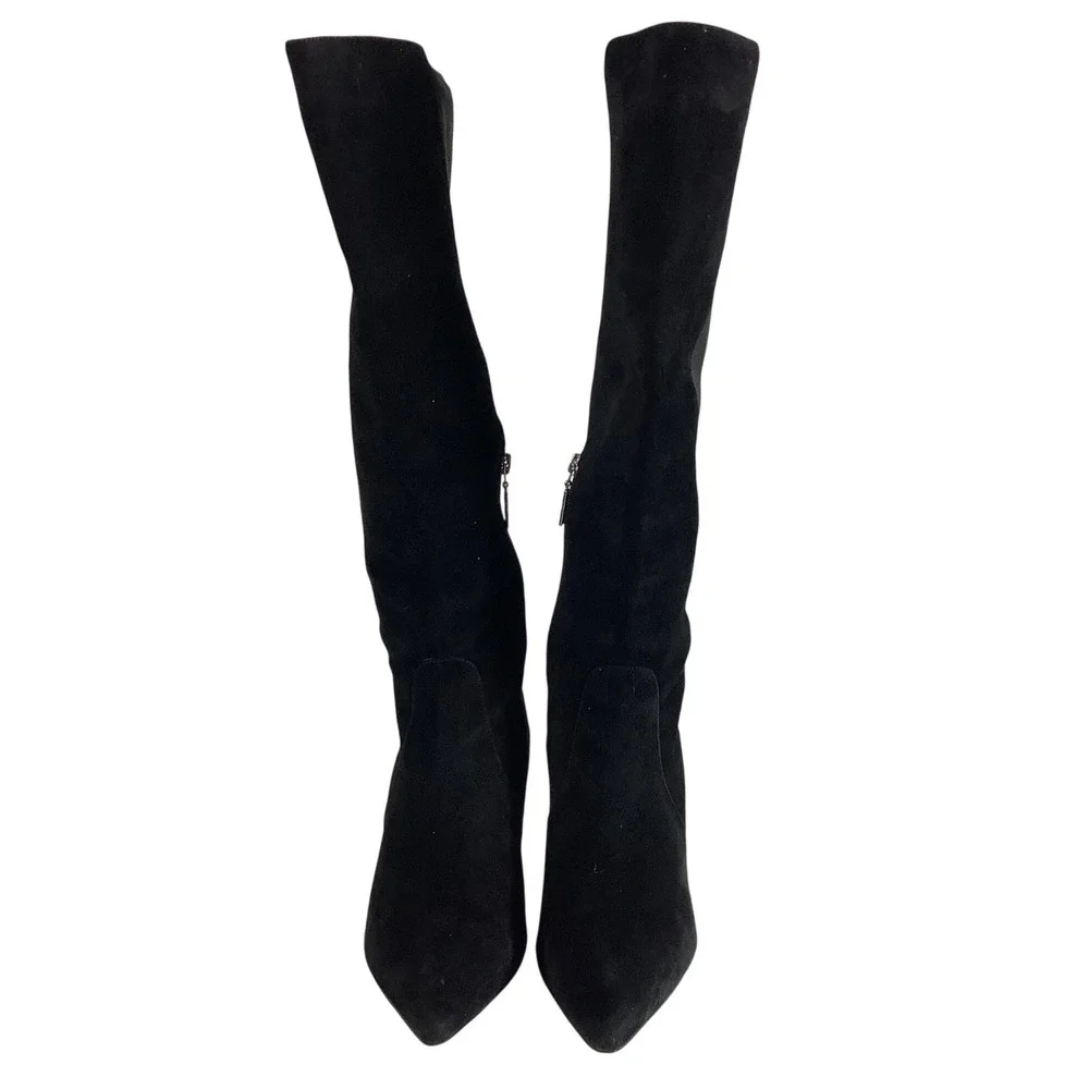 Ivanka Trump Izze Black Suede Pointed Toe Kitten Heel Tall Boots Women 8.5